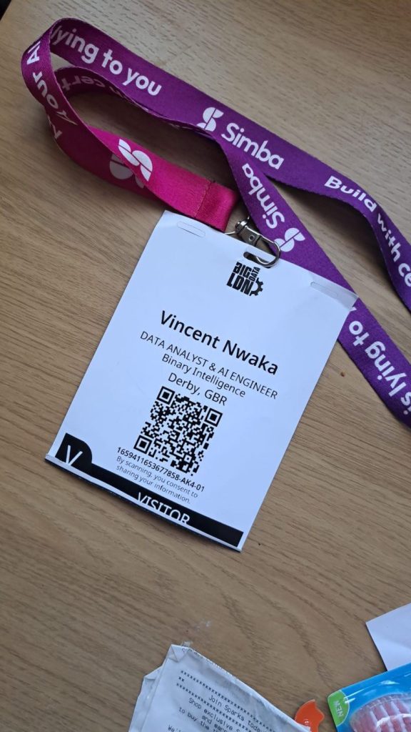 Vincent Nwaka's Big Data LDN 2026 visitor badge, Binary Intelligence, Derby