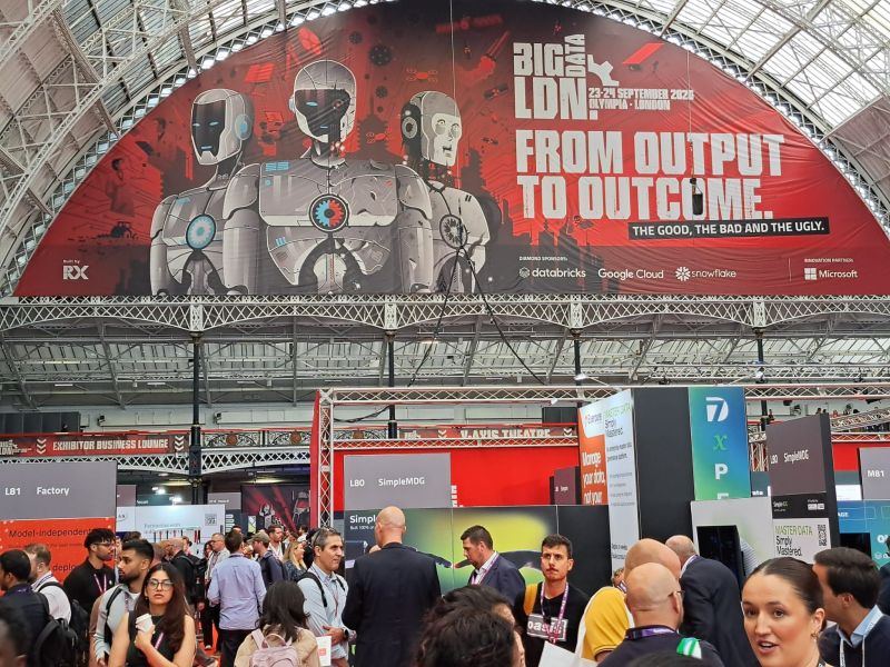 The Big Data LDN 2026 banner above the exhibition floor in the Grand Hall at Olympia London